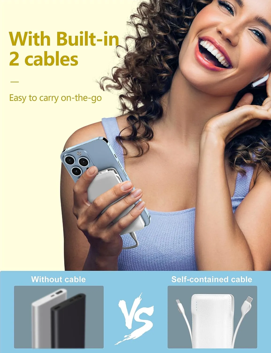 10000mAh Portable Phone Charger with Built-in 2 Cables, Small Slim Mini Power Bank Fast Charging, USB-C In/Output External Battery Pack, Travel Essentials Compatible with Android/IOS Phones