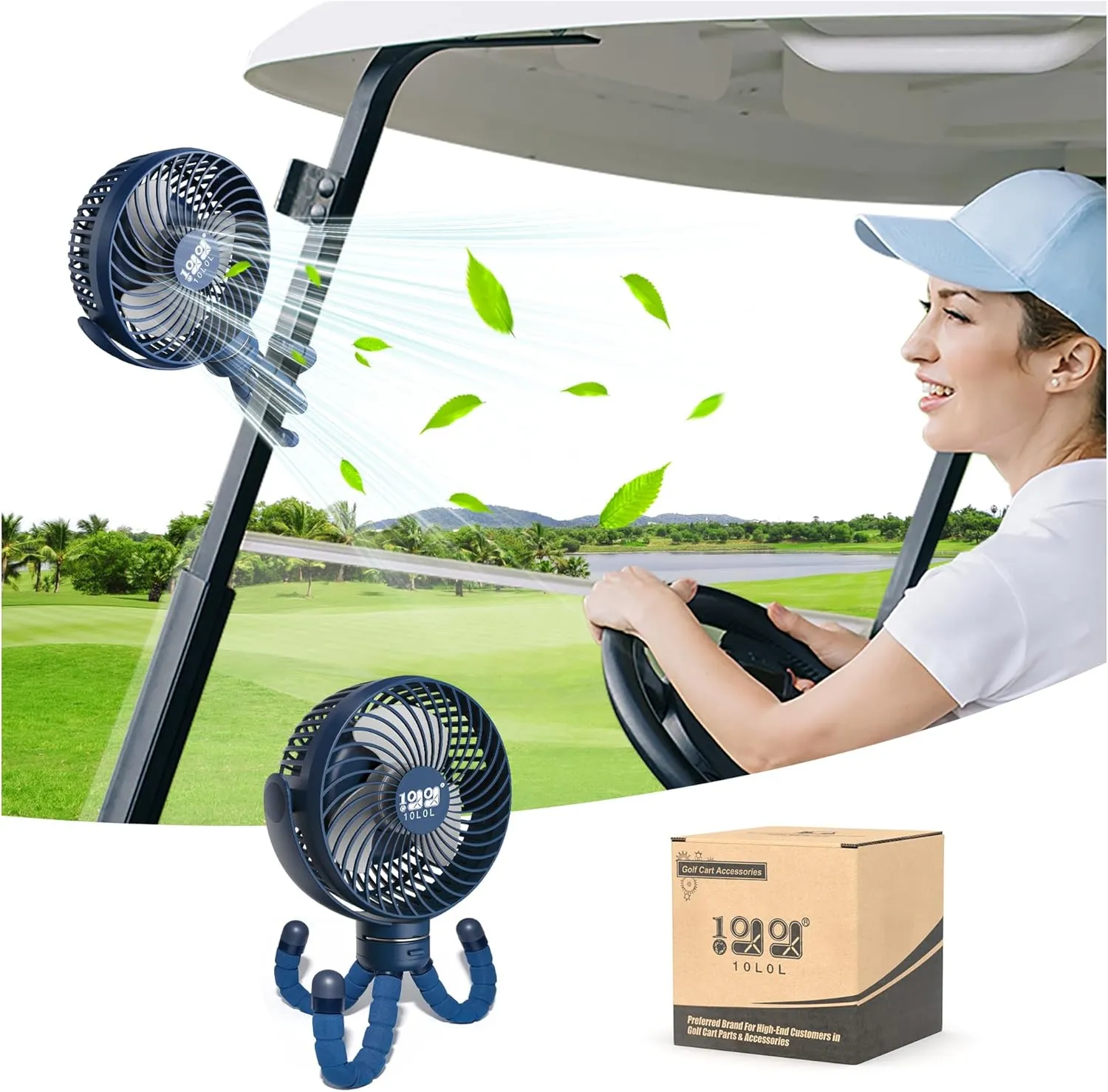 10L0L Universal Golf Cart Fan Fits Yamaha/EZGO/Club Car, Octopus Shape 360°Degree Rotational Fan, 3 Speed Adjustment, Support for Reverse Charging and Emergency Lighting-Black & Blue