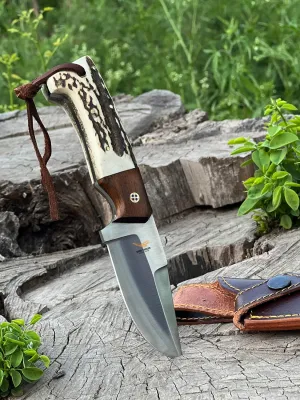 10" Damascus Steel Gut Hook Full Tang Fixed Blade Hunting Knife with Sheath - Stag Horn Antler Handle (Antler 2)