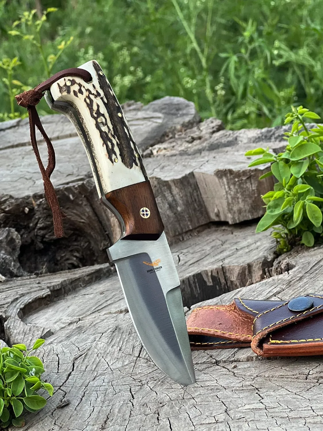 10" Damascus Steel Gut Hook Full Tang Fixed Blade Hunting Knife with Sheath - Stag Horn Antler Handle (Antler 2)