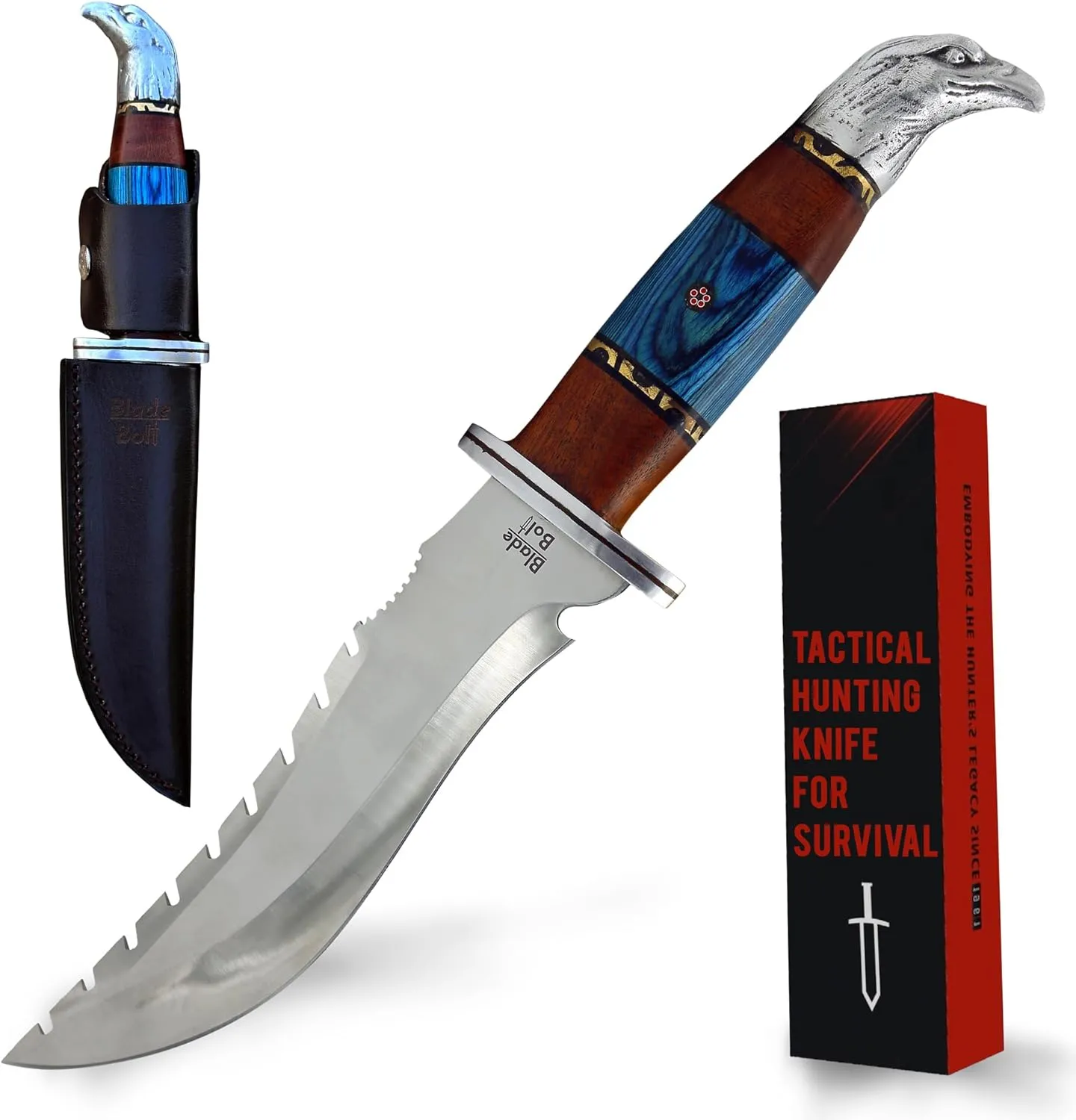 12-inch Tactical Knife with Sheath, Fixed Blade Hunting Knives for Men, D2 Steel Blade, Bowie Survival Knife Military Grade, Ideal Camping Knife with Rose Wood Handle, Bushcraft Knife