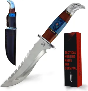 12-inch Tactical Knife with Sheath, Fixed Blade Hunting Knives for Men, D2 Steel Blade, Bowie Survival Knife Military Grade, Ideal Camping Knife with Rose Wood Handle, Bushcraft Knife