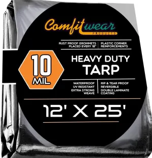 12' x 25' Heavy Duty Silver/Black Waterproof UV Blocking 10 Mil Poly Tarp