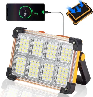 120W Solar Rechargeable Work Light, 144 LED 10000LM Portable Flood Light with Stand, IP66 Waterproof Power Bank 4 Modes LED Job Site Lighting Flashlights for Mechanic Camping Fishing Car Repair