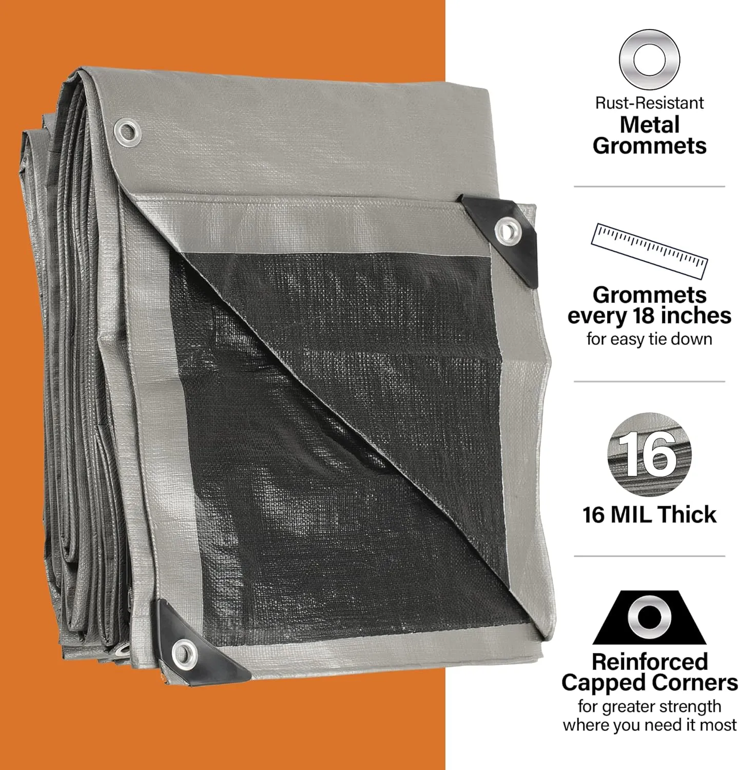 12x12 Ultra Heavy Duty Tarp, Extra Thick 16 Mil, UV Resistant, Grommets Every 18 Inches - Waterproof Plastic Poly Tarpaulin - (Reversible, Silver and Black) (12' x 12' Feet)