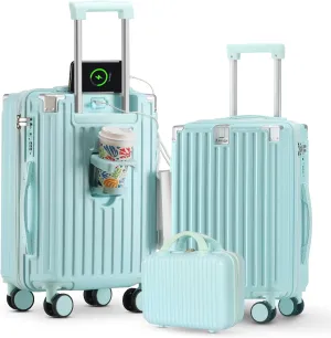 (14 20 24)Inch Carry on Luggage Carry-on with Cup Holder & USB Port, Luggage with Airline Approved TSA Lock, Softside Lightweight carry on luggage 22x14x9 airline approved 360° Double Spinner 8 Wheels