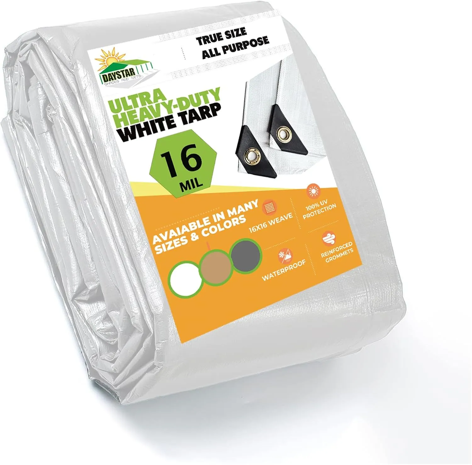 16 MIL Thick Ultra Heavy Duty White Tarp 15' x 25' (True Size) 3ply Waterproof 9.5 oz UV Protected Multipurpose Protective Cover Rain Tarpaulin
