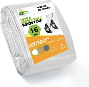 16 MIL Thick Ultra Heavy Duty White Tarp 15' x 25' (True Size) 3ply Waterproof 9.5 oz UV Protected Multipurpose Protective Cover Rain Tarpaulin