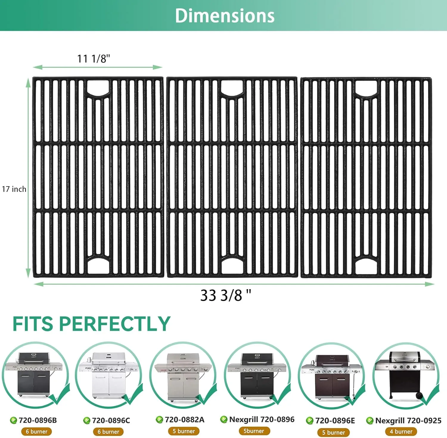 17 inch 720 0896b Grill Grates for Nexgrill 6 Burner 720-0896B 720-0898 720-0896X 720-0896E Gas Grill, Cast Iron Cooking Grids for Nexgrill 6-Burner Deluxe 720-0896B Grill Replacement Part