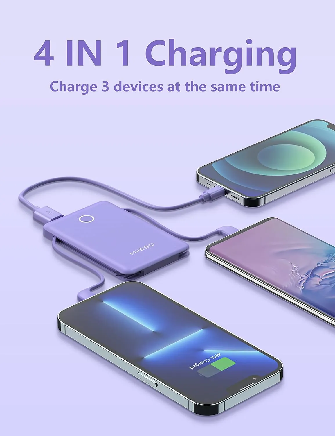 2-Pack 6000mah Ultra Slim Built in Cables Power Bank, Card Size Built in USB C Cords Battery Pack Portable Charger for Phones, 3 Output External Battery Pack Compatible with iPhone, White & Purple