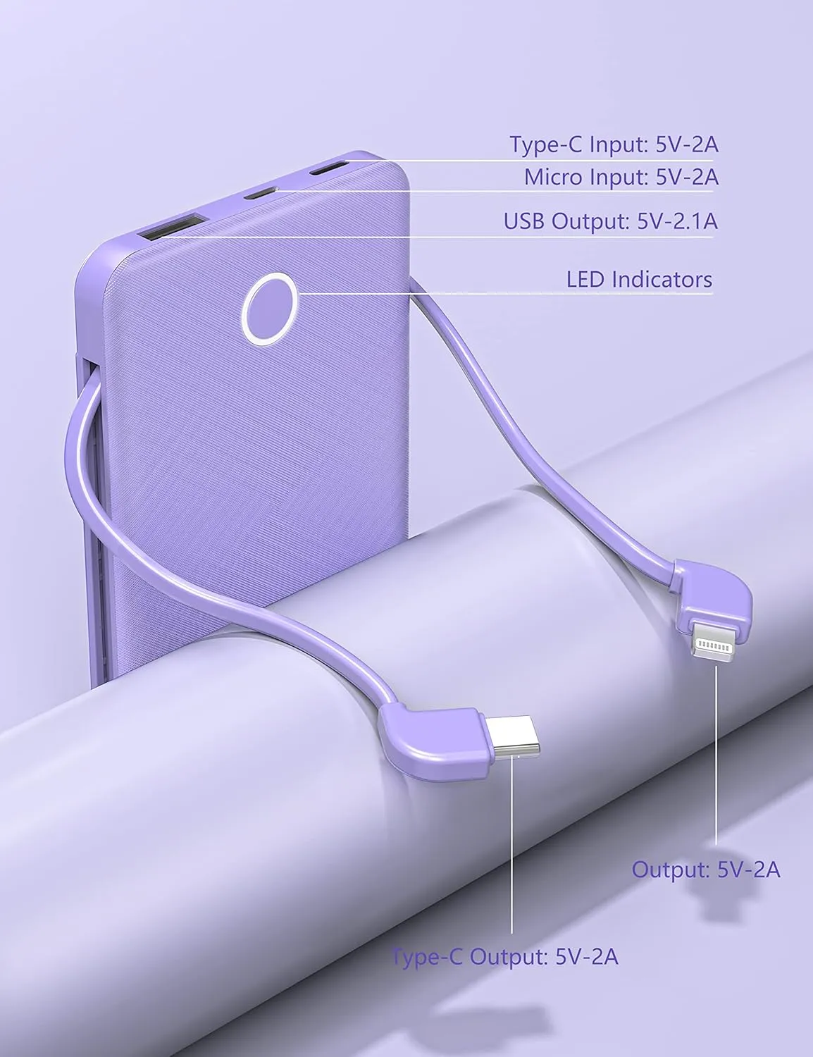 2-Pack 6000mah Ultra Slim Built in Cables Power Bank, Card Size Built in USB C Cords Battery Pack Portable Charger for Phones, 3 Output External Battery Pack Compatible with iPhone, White & Purple