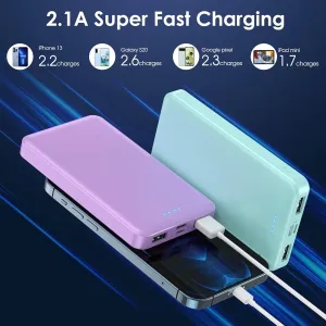 [2 Pack] Portable Charger Power Bank 10000mAh,Ultra Slim Compact External Battery Pack with USB C Input & Dual USB Outputs Backup Charger Compatible with iPhone 13,12, Samsung S20,Tablet-Green Purple