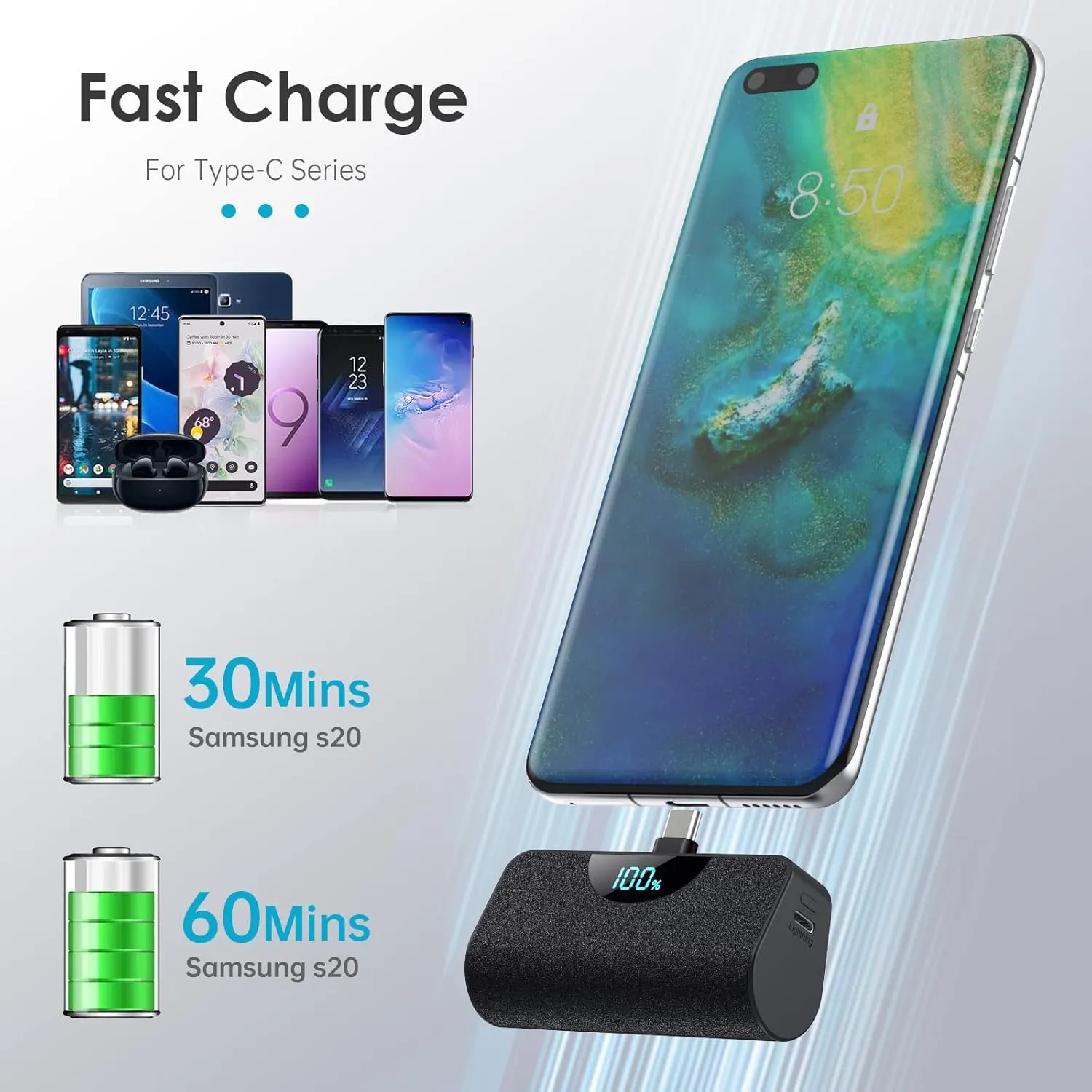 [2 Pack]Mini Portable Charger USB-C Power Bank 5200mAh,LCD Display PD Fast Charging Battery Pack Backup Charger Compatible with iPhone 16/16 Plus/16 Pro/16 Pro Max/15 Series,Samsung,Android Phones etc
