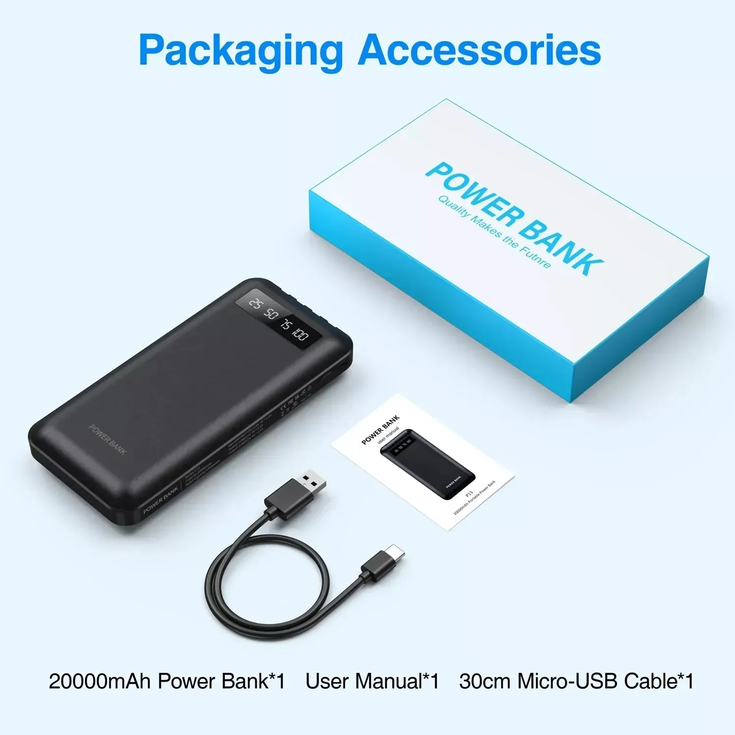 20,000 mAh Power Bank - Portable Charger with 4 Charging Cables