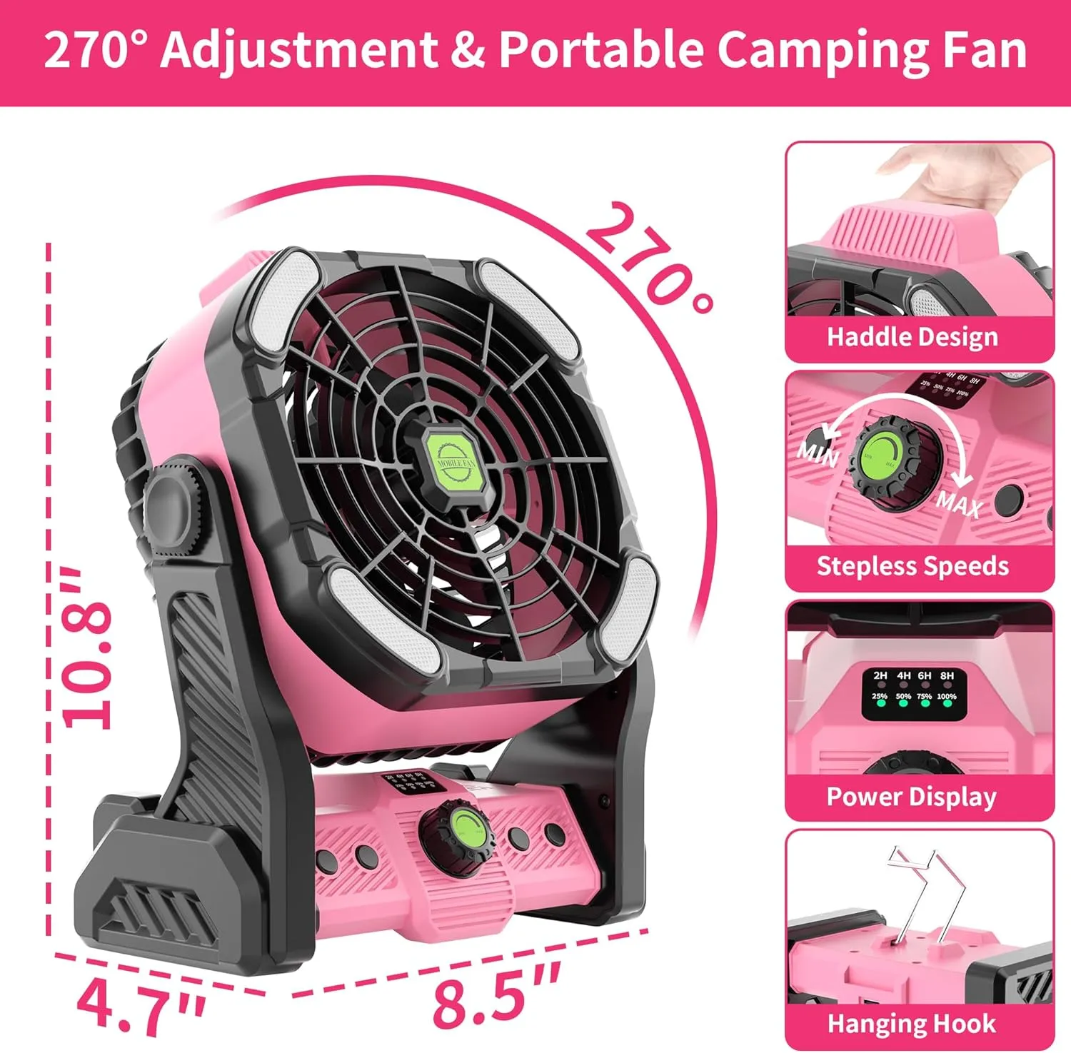 20000mAh Rechargeable Fan Battery Powered Operated,Portable Rechargeable Pink Camping Fan with LED Lantern,270°Rotation,USB Table Fan Pink Camping Accessories Battery Fans Portable