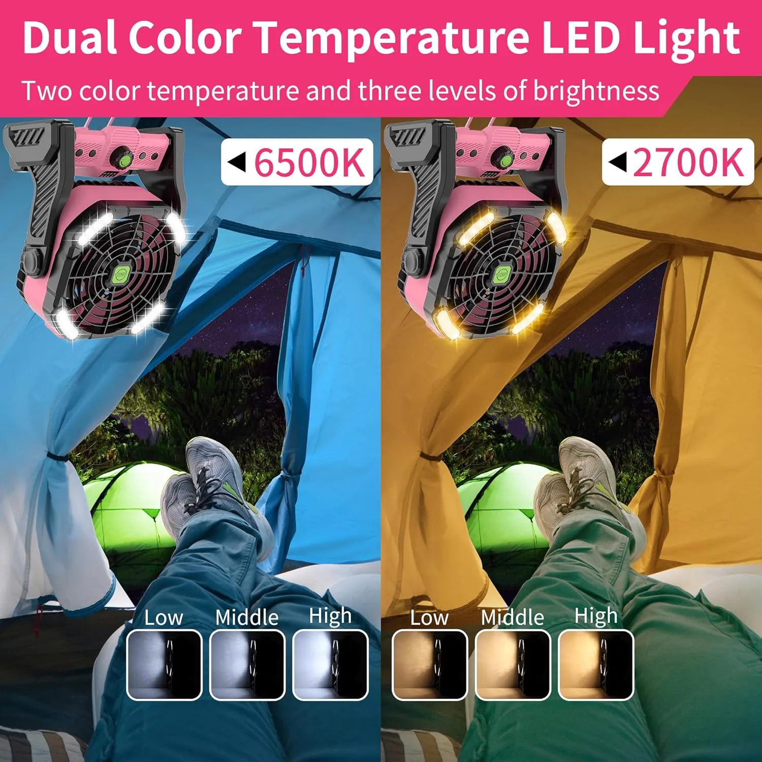 20000mAh Rechargeable Fan Battery Powered Operated,Portable Rechargeable Pink Camping Fan with LED Lantern,270°Rotation,USB Table Fan Pink Camping Accessories Battery Fans Portable