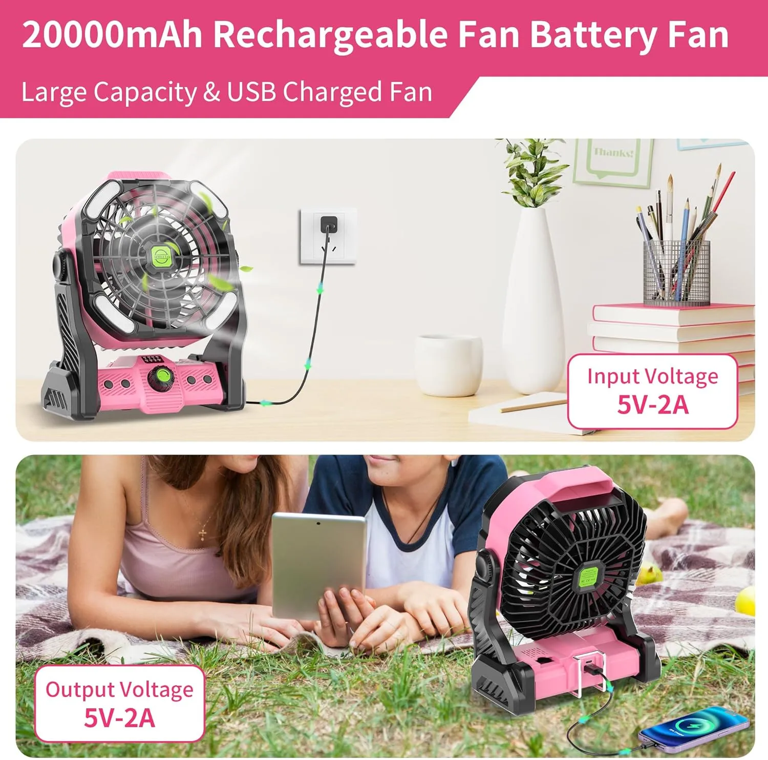 20000mAh Rechargeable Fan Battery Powered Operated,Portable Rechargeable Pink Camping Fan with LED Lantern,270°Rotation,USB Table Fan Pink Camping Accessories Battery Fans Portable