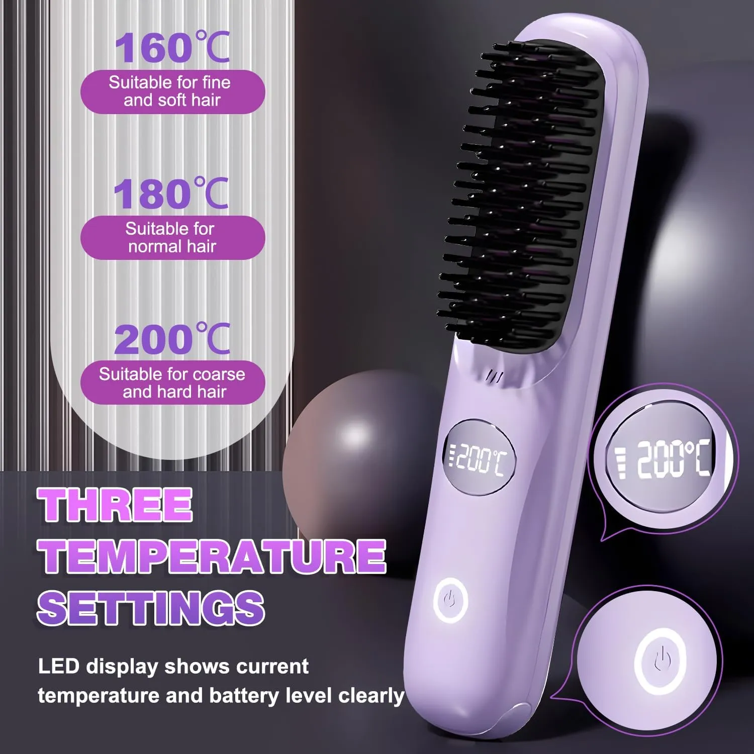 2025 New Go Brush Pro Cordless Hair Straightener Brush - Cordless Hair Straightening Brush,Compact & Travel-Friendly with LED Display Anti-Scald Mini Hot Straightening Comb for Women(Black)