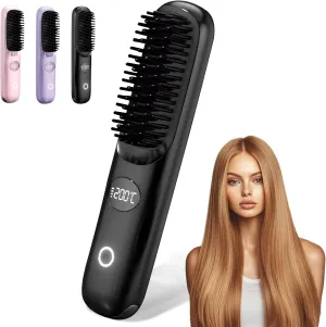 2025 New Go Brush Pro Cordless Hair Straightener Brush - Cordless Hair Straightening Brush,Compact & Travel-Friendly with LED Display Anti-Scald Mini Hot Straightening Comb for Women(Black)