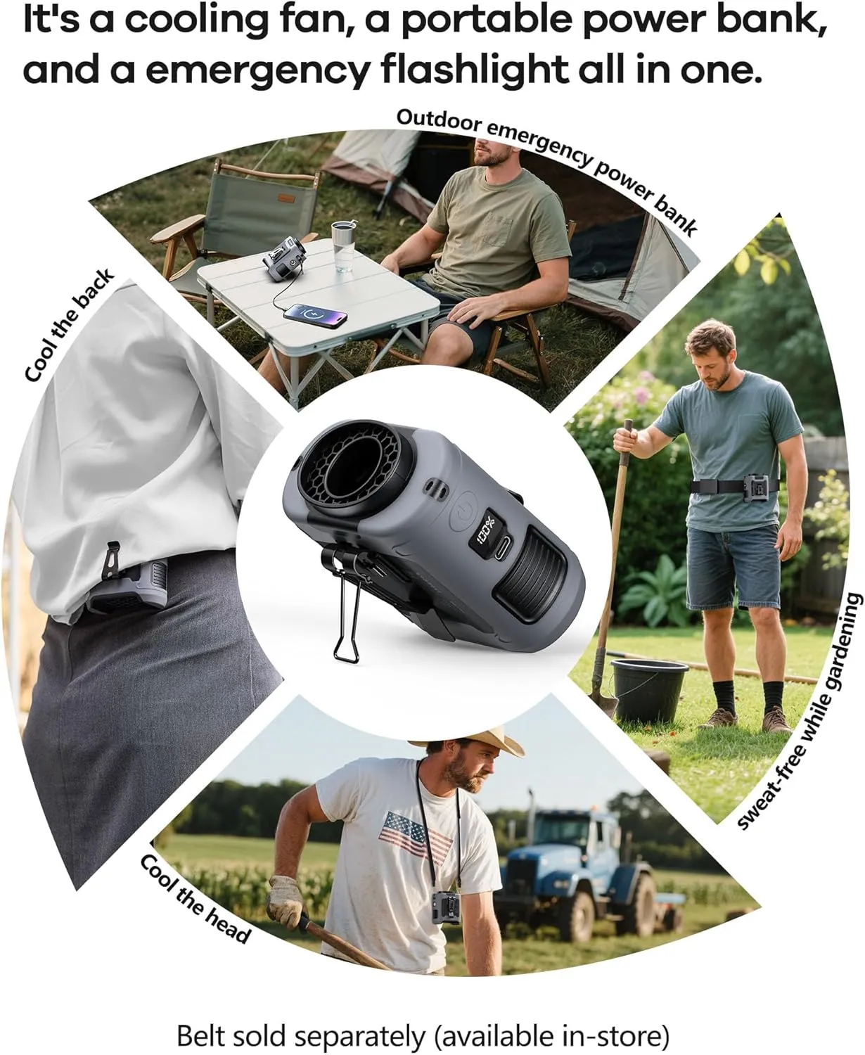 2025 Upgrade Portable Waist Fan Clip on 10000mAh Body Wearable Belt Clip Fan Undershirt Personal Cooling Neck Fans with 5 Speeds Flashlight&Power Bank 40H Cooling for Outdoor Camping Travel (Grey)