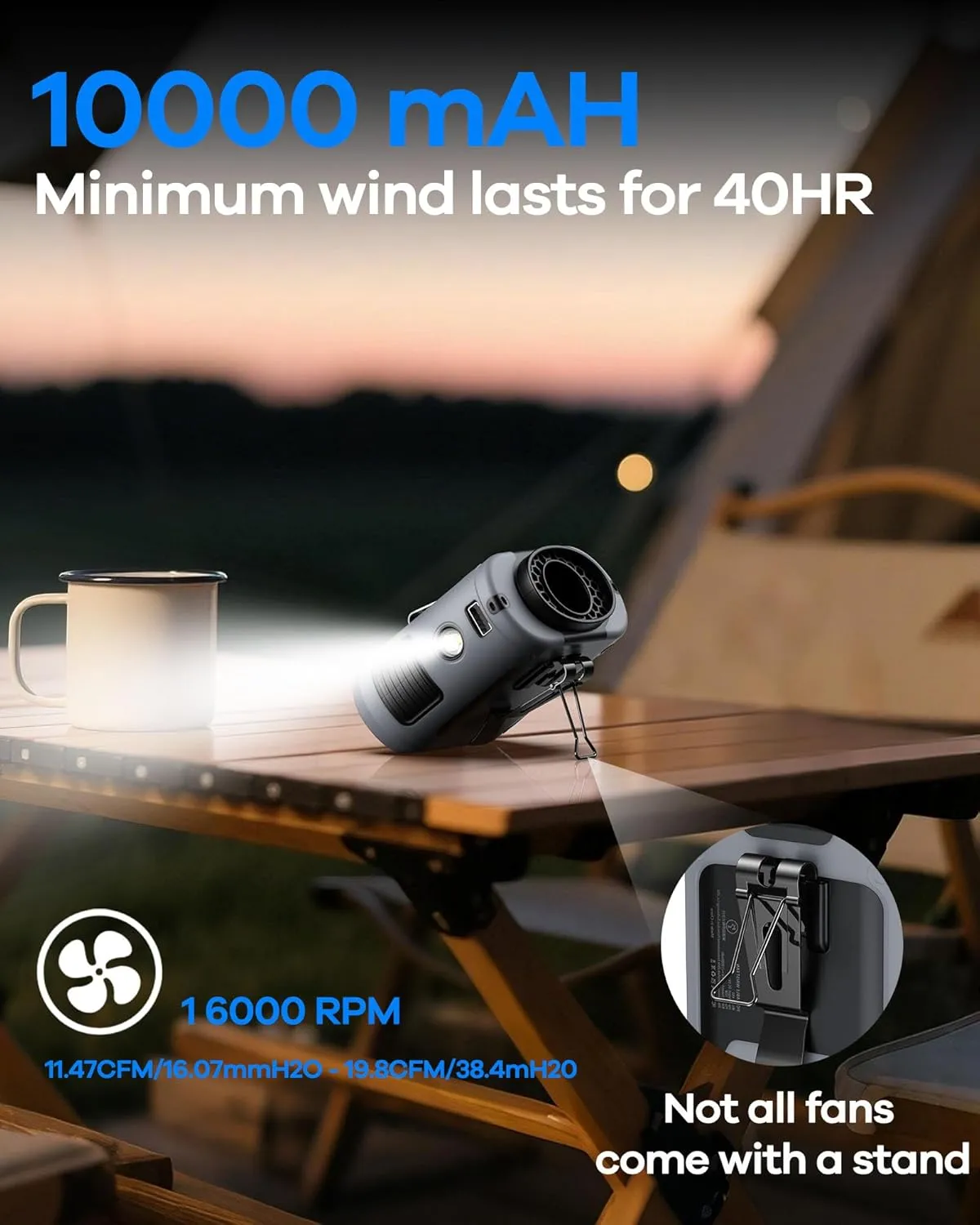 2025 Upgrade Portable Waist Fan Clip on 10000mAh Body Wearable Belt Clip Fan Undershirt Personal Cooling Neck Fans with 5 Speeds Flashlight&Power Bank 40H Cooling for Outdoor Camping Travel (Grey)