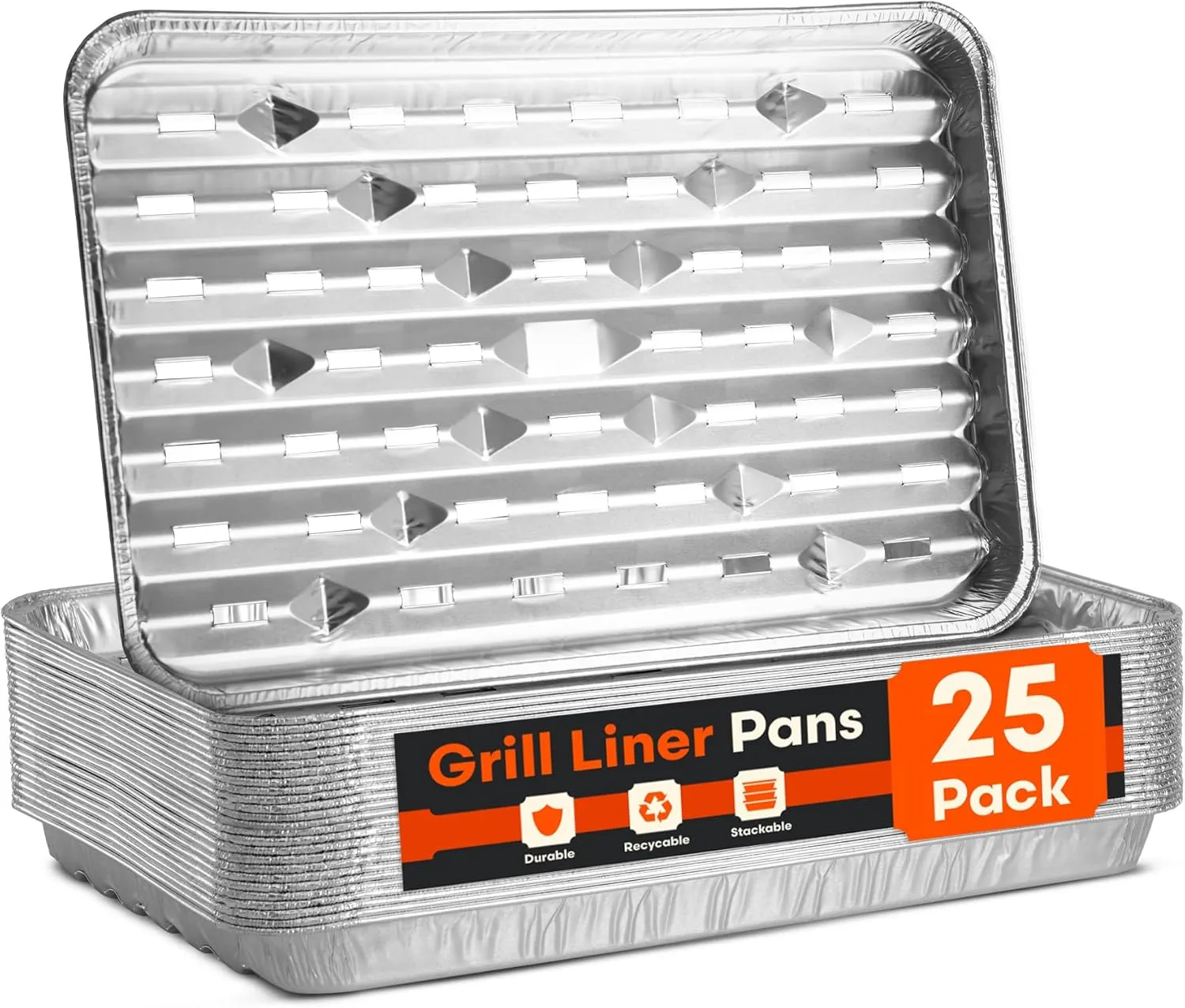 [25-Pack] Grill Liner Pans - Disposable Aluminum Foil Perforated Grill Grates Lining Trays for Outdoor Grills - Broiler Pans with Holes for Grilling, Topper Pans, Accessories for BBQ Charcoal Grills