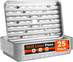 [25-Pack] Grill Liner Pans - Disposable Aluminum Foil Perforated Grill Grates Lining Trays for Outdoor Grills - Broiler Pans with Holes for Grilling, Topper Pans, Accessories for BBQ Charcoal Grills