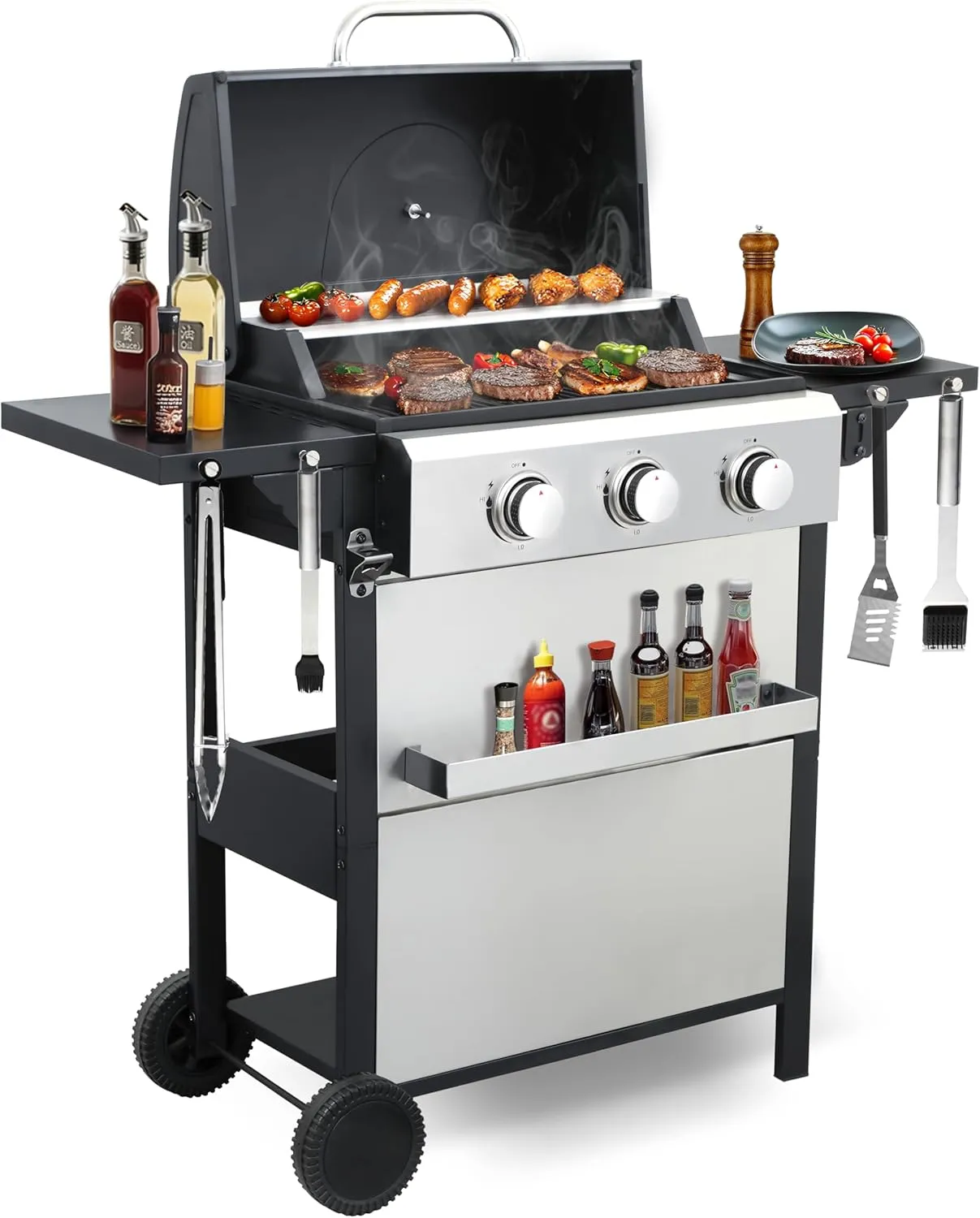3-Burner Propane Gas Grill with 30,000 BTU Output - Enamel Cooking Grids, Easy-Clean Grease Management & Even Heat Distribution for Perfect BBQs (3-Burner)
