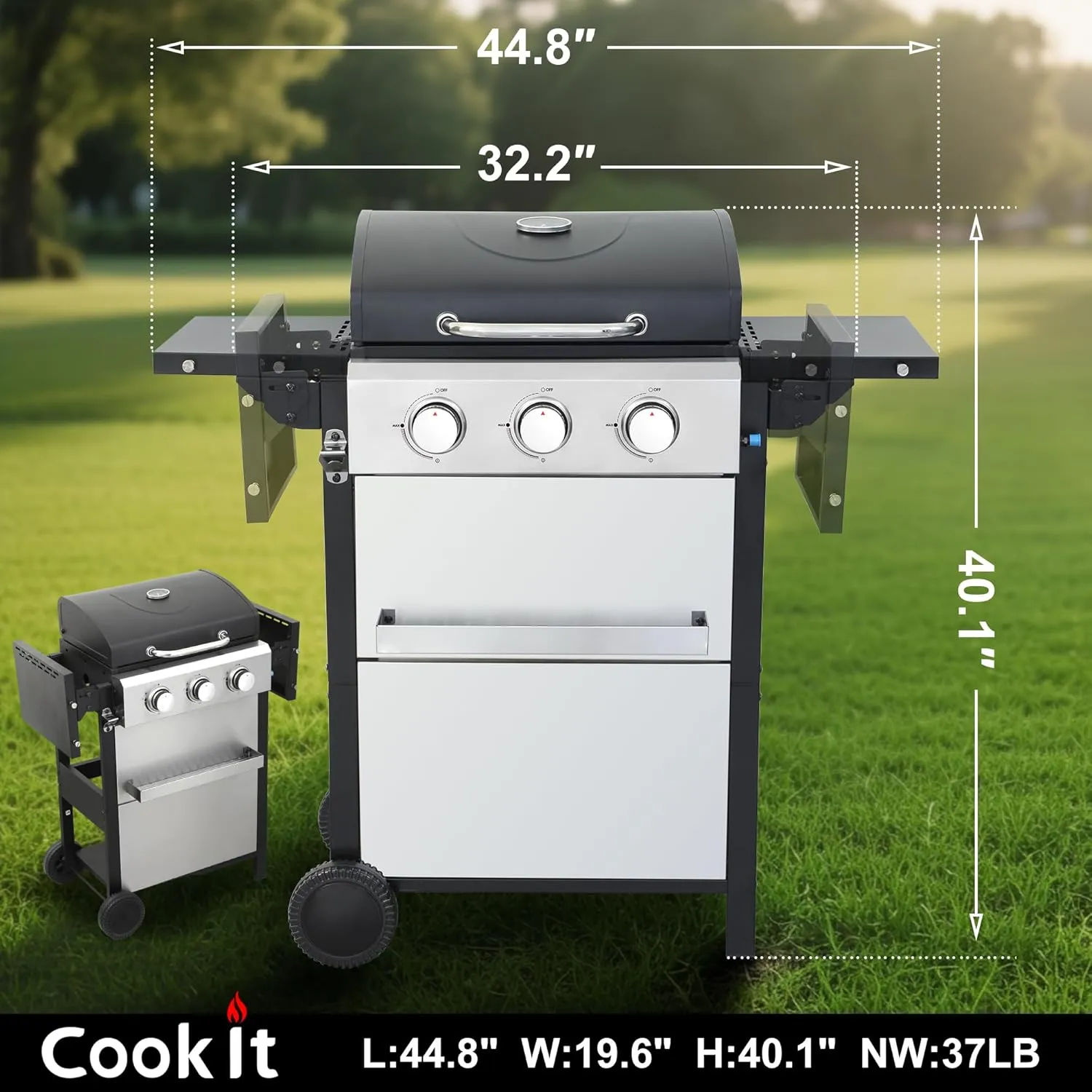 3-Burner Propane Gas Grill with 30,000 BTU Output - Enamel Cooking Grids, Easy-Clean Grease Management & Even Heat Distribution for Perfect BBQs (3-Burner)