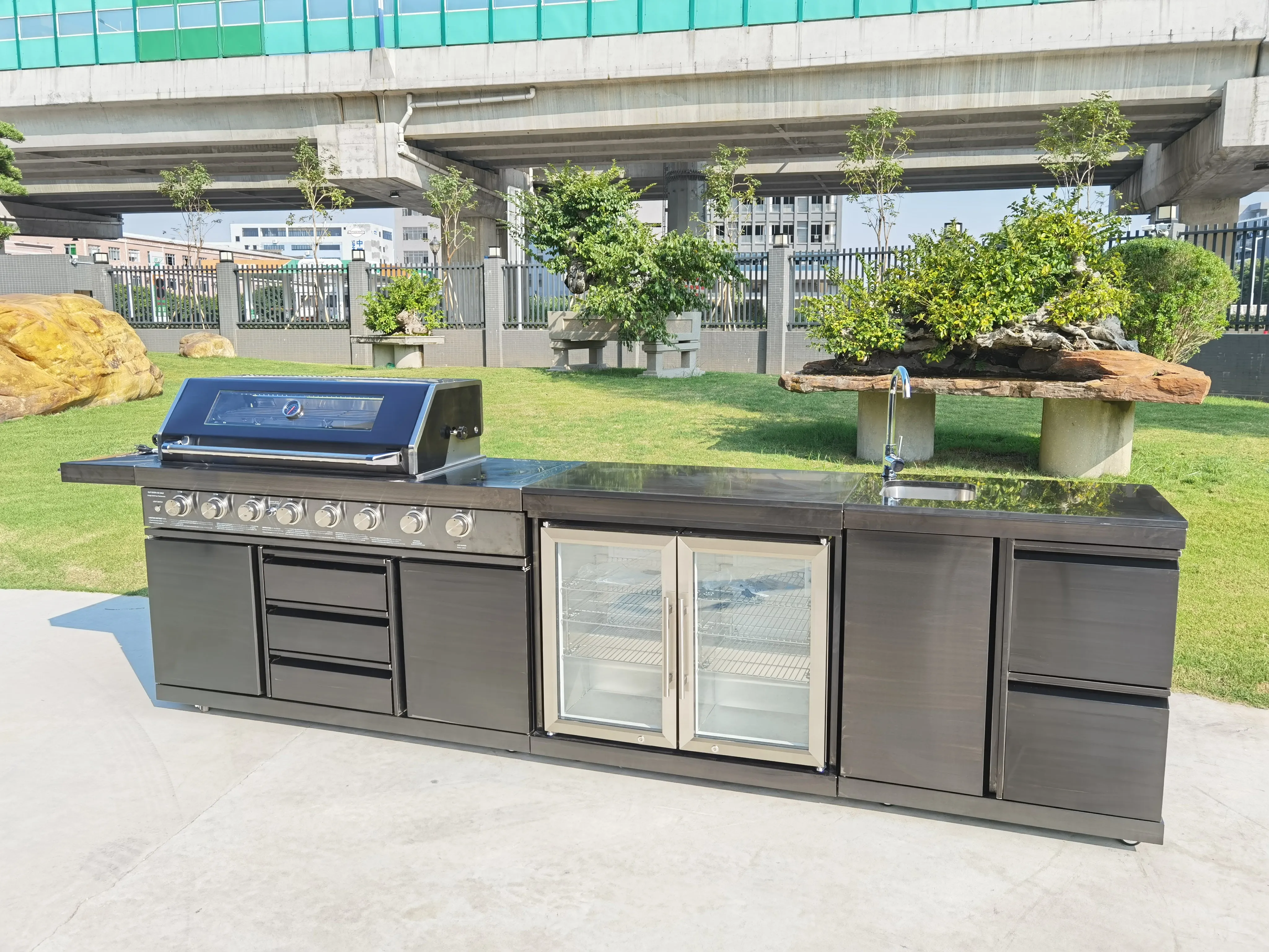 3 Piece Island BBQ Outdoor Grill Black Stainless Steel with Refrigerator and Sink