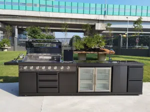 3 Piece Island BBQ Outdoor Grill Black Stainless Steel with Refrigerator and Sink