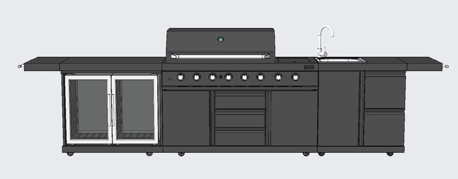 3 Piece Island BBQ Outdoor Grill Black Stainless Steel with Refrigerator and Sink
