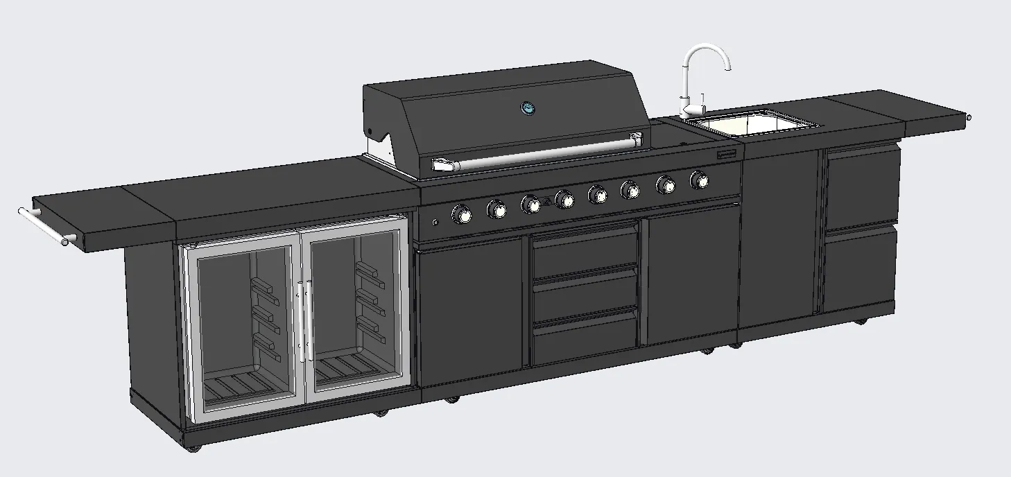 3 Piece Island BBQ Outdoor Grill Black Stainless Steel with Refrigerator and Sink