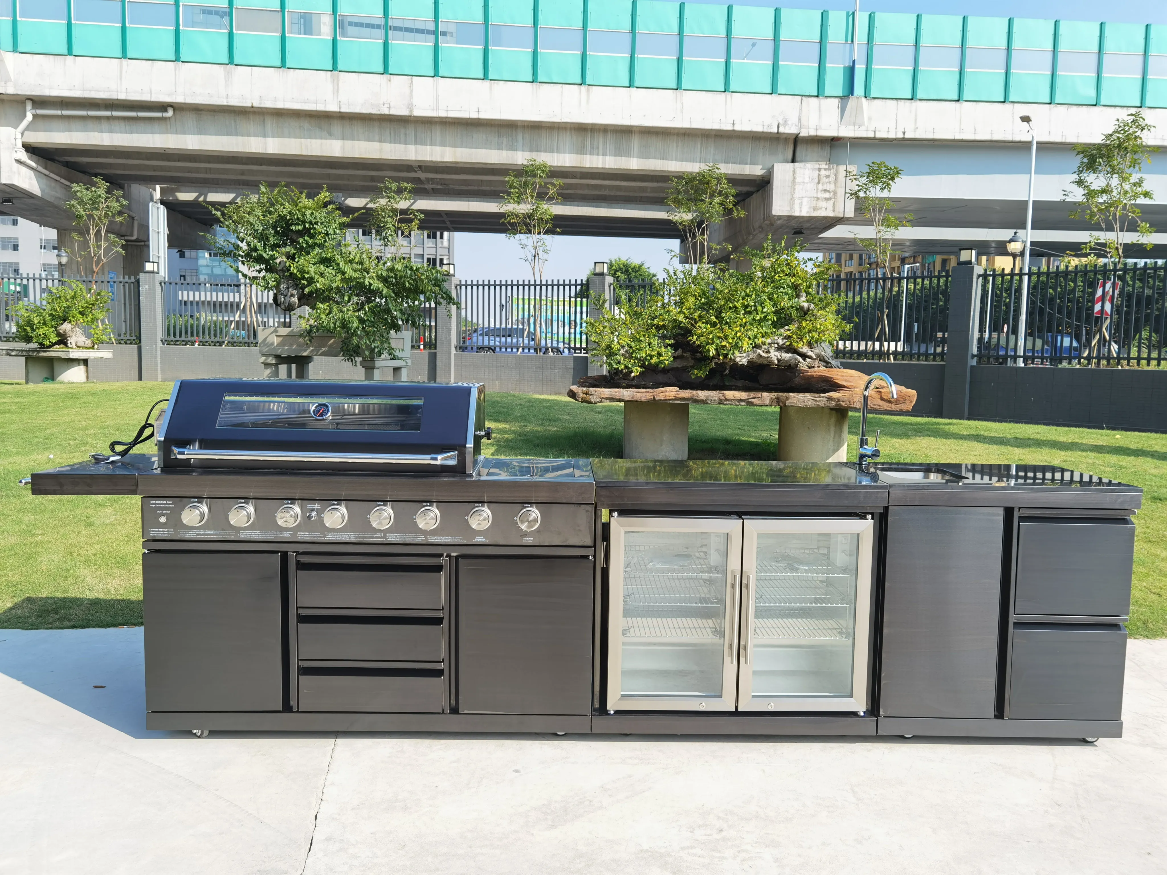 3 Piece Island BBQ Outdoor Grill Black Stainless Steel with Refrigerator and Sink