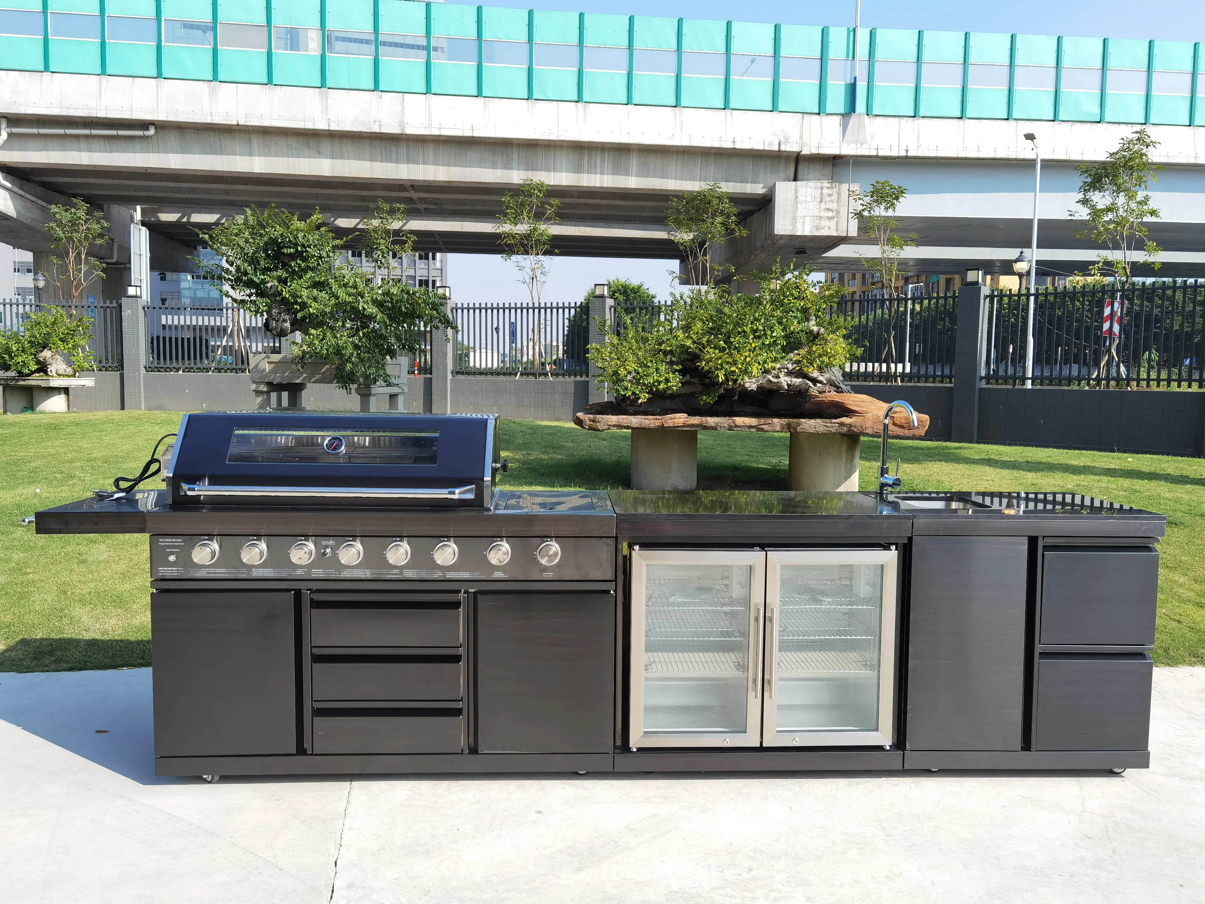 3 Piece Island BBQ Outdoor Grill Black Stainless Steel with Refrigerator and Sink