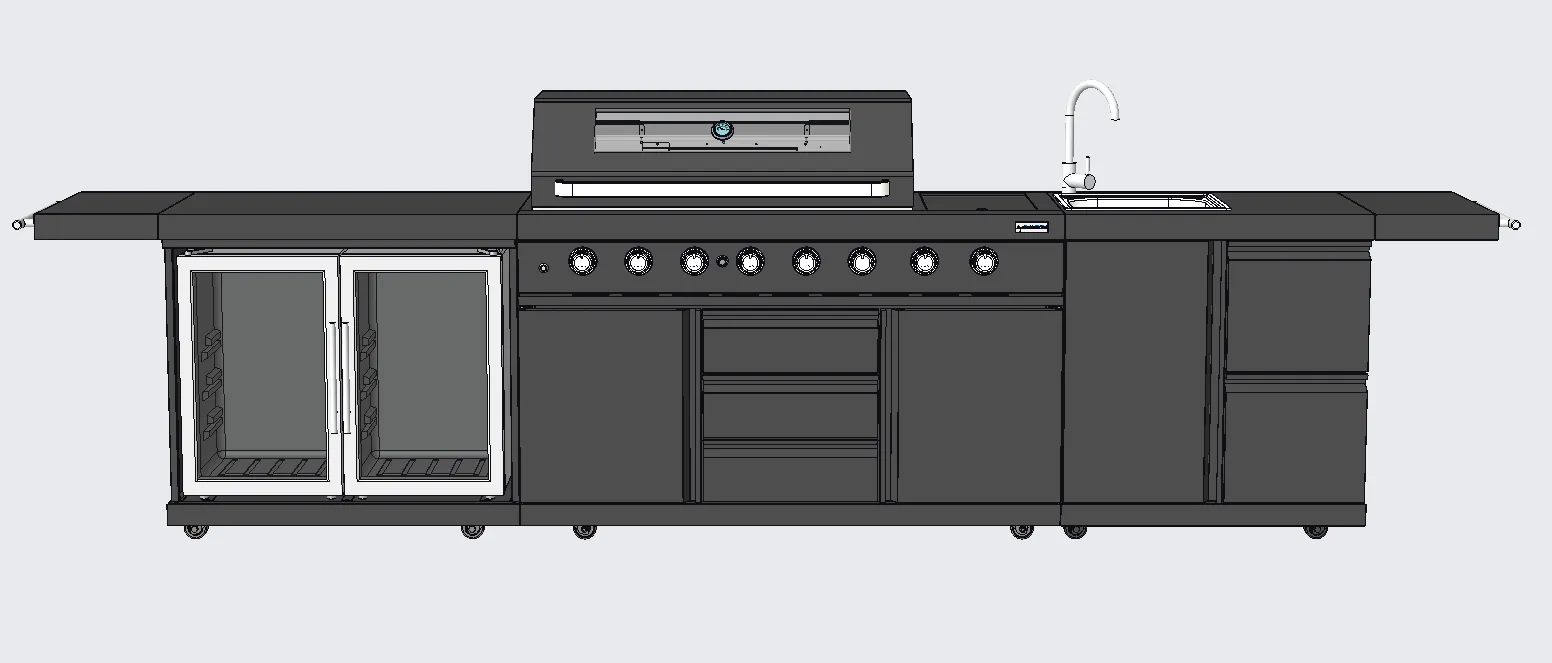 3 Piece Island BBQ Outdoor Grill Black Stainless Steel with Refrigerator and Sink
