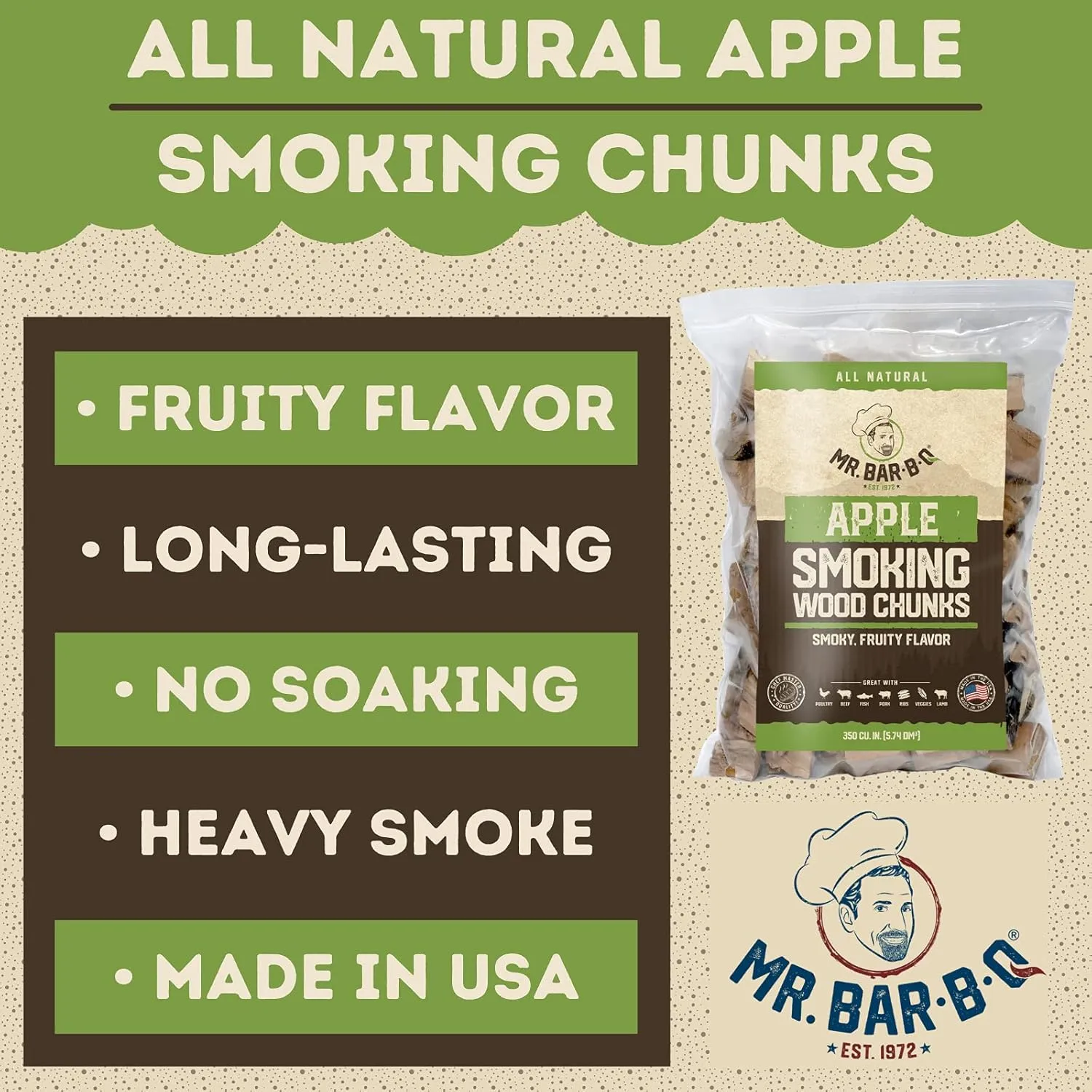 3.5 Lb. Bag Apple Wood Chunks, Wood Chunks for Smokers, Alternative for Charcoal Briquettes, Can be Use on Gas, Fruity Apple Flavor for Smoking, Outdoor Grilling, Backyard BBQ, Campfire by Mr. Bar-B-Q