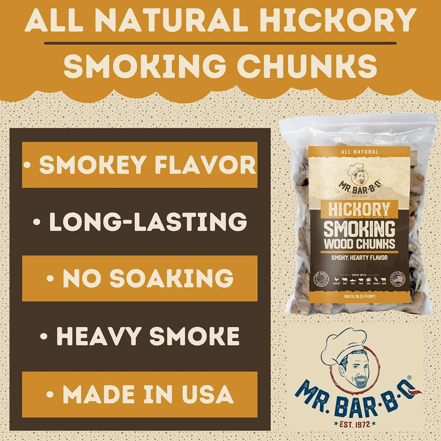 3.5 Lb. Hickory Wood Chunks, Wood Chunks for Smokers, Alternative for Charcoal Briquettes Can be Use on Gas, Natural Hickory Smokey Flavor for Smoking, Grilling & BBQ, Camping Essential by Mr. Bar-B-Q