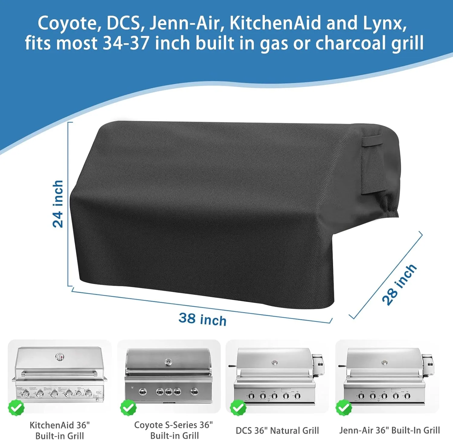 37 Inch Built-in Grill Cover for Coyote DCS Jenn-Air KitchenAid, and Lynx, 600D Heavy Duty Waterproof & Windproof Island Grill Top Cover, 38" W x 28" D x 24" H
