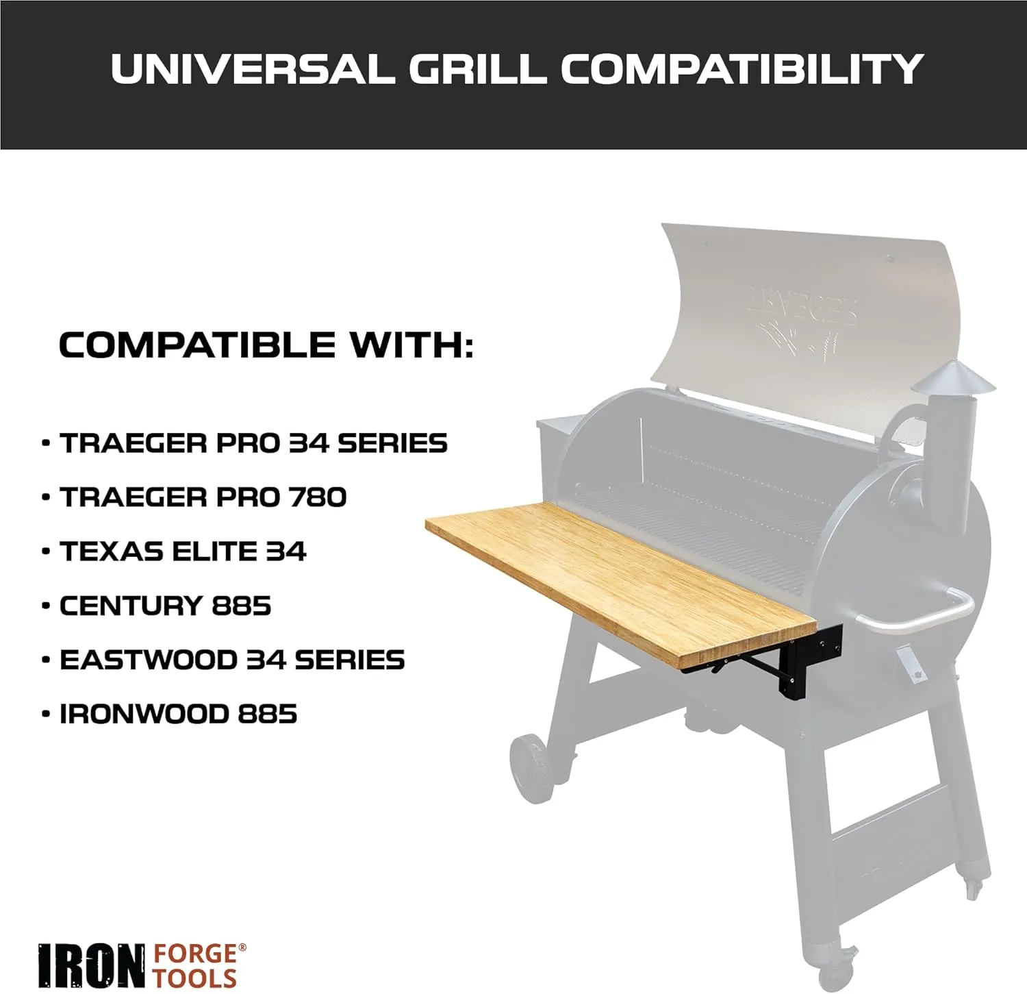 37.5x12 Wood Folding Grill Shelf Accessory - Charcoal Grill Accessories for Pellet Smoker Barbeque - Compatible with Traeger Pro 34, Pro 780, Ironwood 885 Series Texas Elite, Eastwood