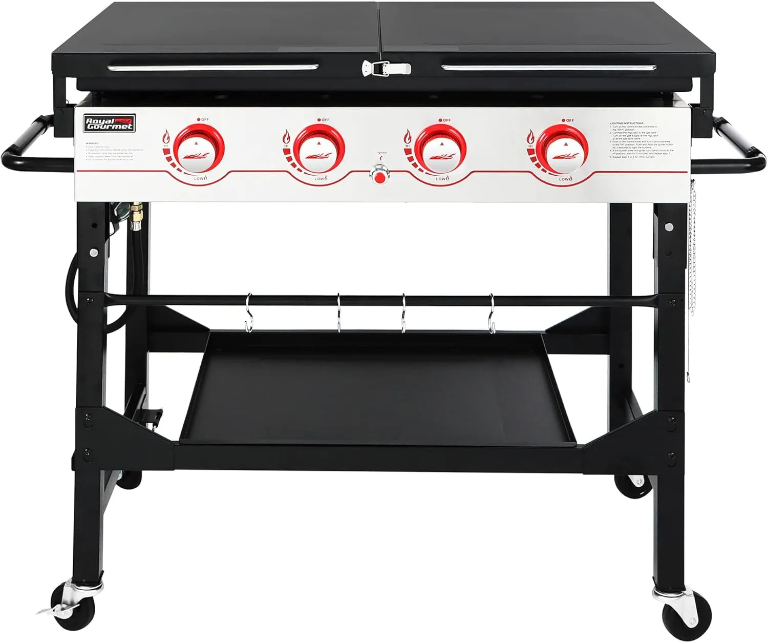 4-Burner Flat Top Propane Gas Griddle, 36-Inch Gas Griddle with Top Cover Lid, Folding Side Shelves and Legs for Large Outdoor Camping, Black, GB4000F-SC