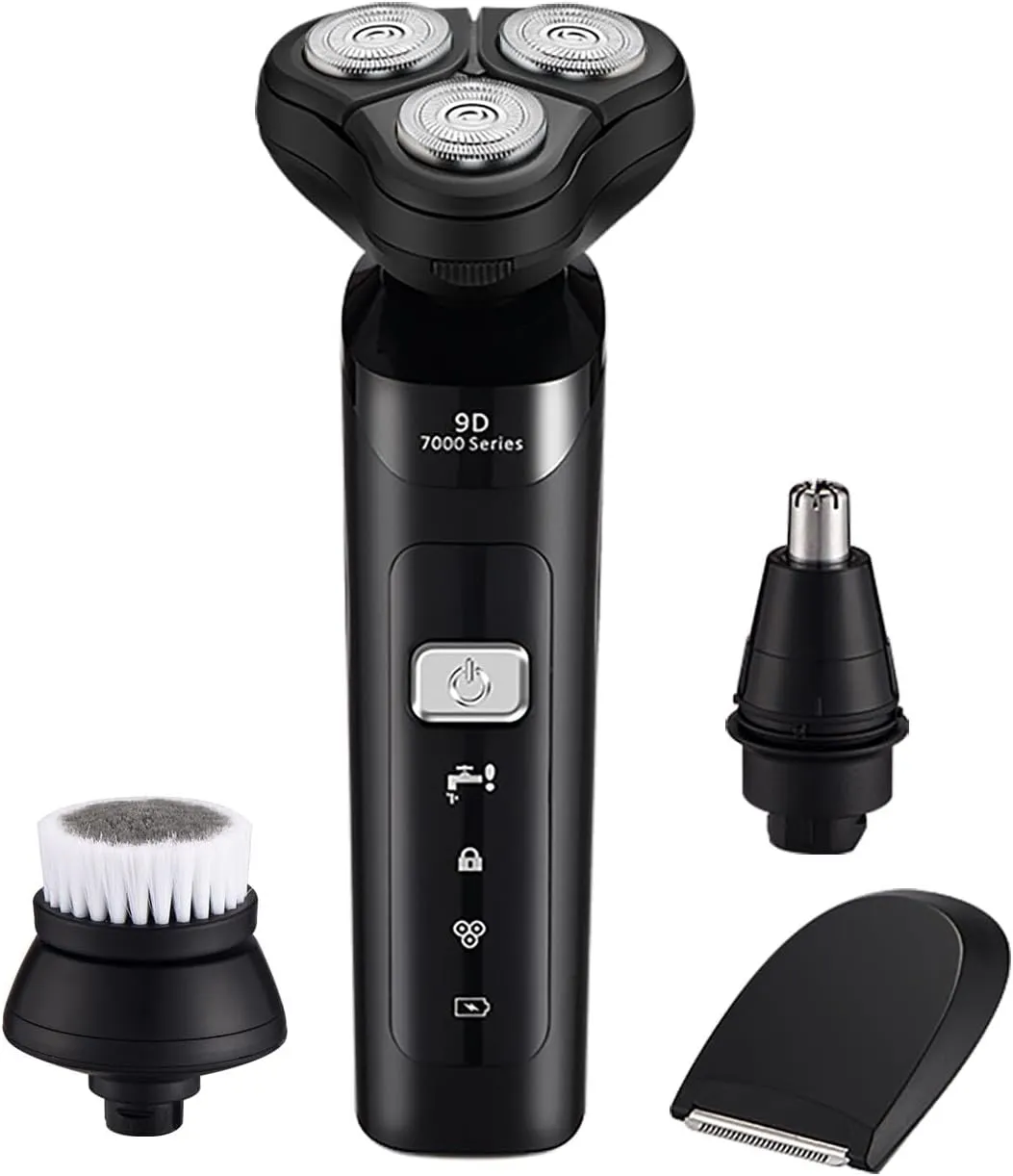 4-in-1 Electric Shaver, USB Rechargeable Shaver with Beard Trimmer, Facial Cleaning Brush, Nose Hair Trimmer, sideburns Cutter