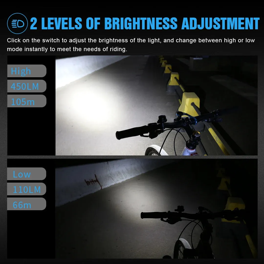 450 Lumens Bicycle LED Flashlight - Type-C Rechargeable Bike Light with Quick Release and 1600mAh Battery Lantern