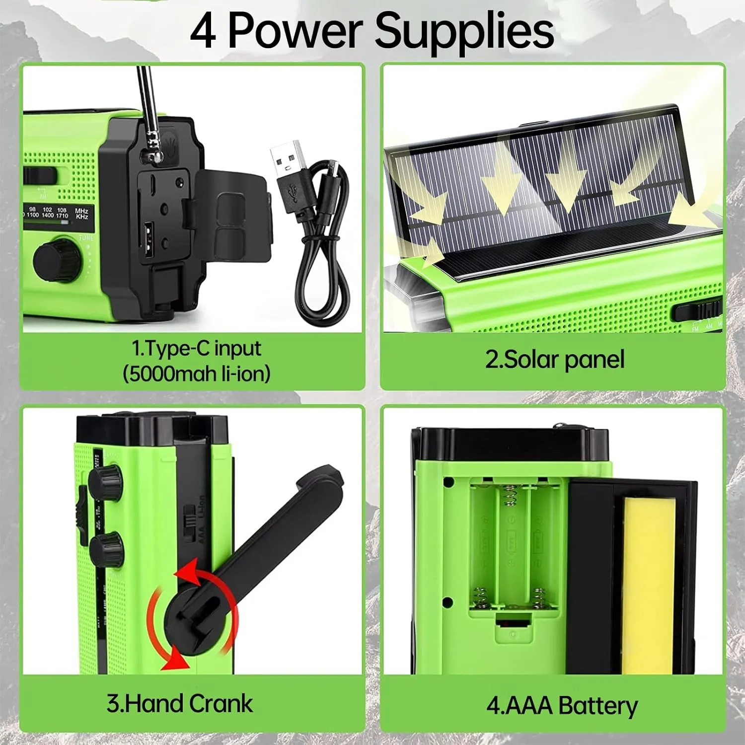 5000mAh/18500mWh Emergency Hand Crank Radio with 2 Solar Panels,Portable AM FM NOAA Weather Radio,Rechargeable Battery Powered Radio,USB Charger,SOS,Flashlight,Reading Lamp for Home Outdoor