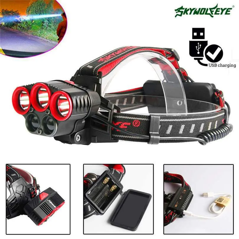 5X XM-L T6 LED USB Headlamp USB Rechargeable Torch Lamp Light powerful led flashlight Head Torch,use 18650 battery #4S19