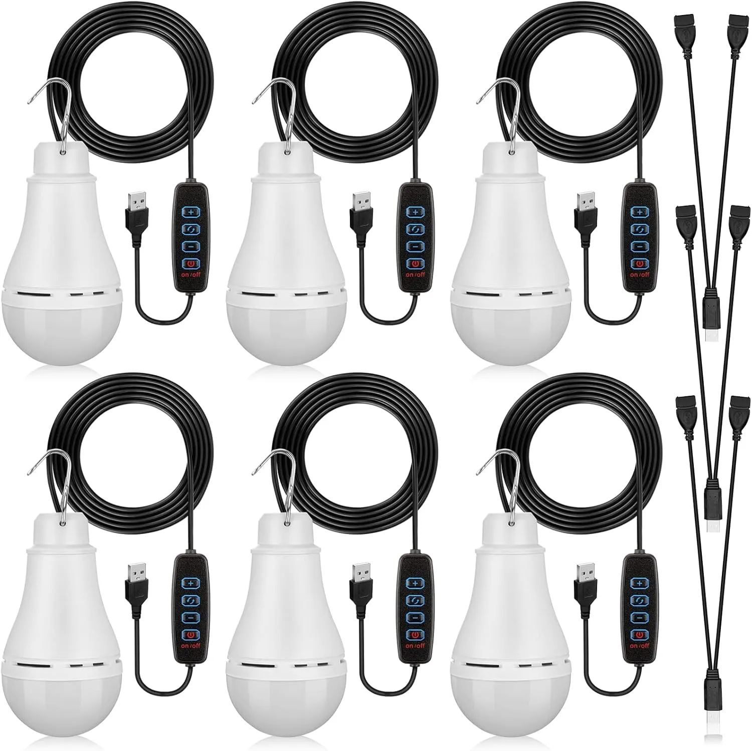 6 Pcs USB Light String LED Portable Light Bulb Rechargeable USB Strip Camping Lantern with Splitter Cable for Camping Porch Backyard Garage Warehouse Truck Fishing Boat