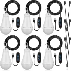 6 Pcs USB Light String LED Portable Light Bulb Rechargeable USB Strip Camping Lantern with Splitter Cable for Camping Porch Backyard Garage Warehouse Truck Fishing Boat