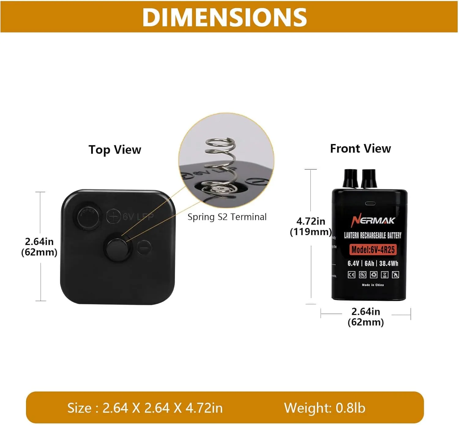 6 Volt 6Ah Lithium LiFePO4 Heavy Duty Lantern Battery, 2000 Cycles Rechargeable Lithium Iron Phosphate Battery for 4R25 Lantern(Spring S2 Terminals)