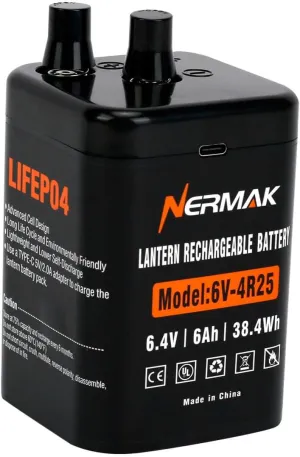 6 Volt 6Ah Lithium LiFePO4 Heavy Duty Lantern Battery, 2000 Cycles Rechargeable Lithium Iron Phosphate Battery for 4R25 Lantern(Spring S2 Terminals)