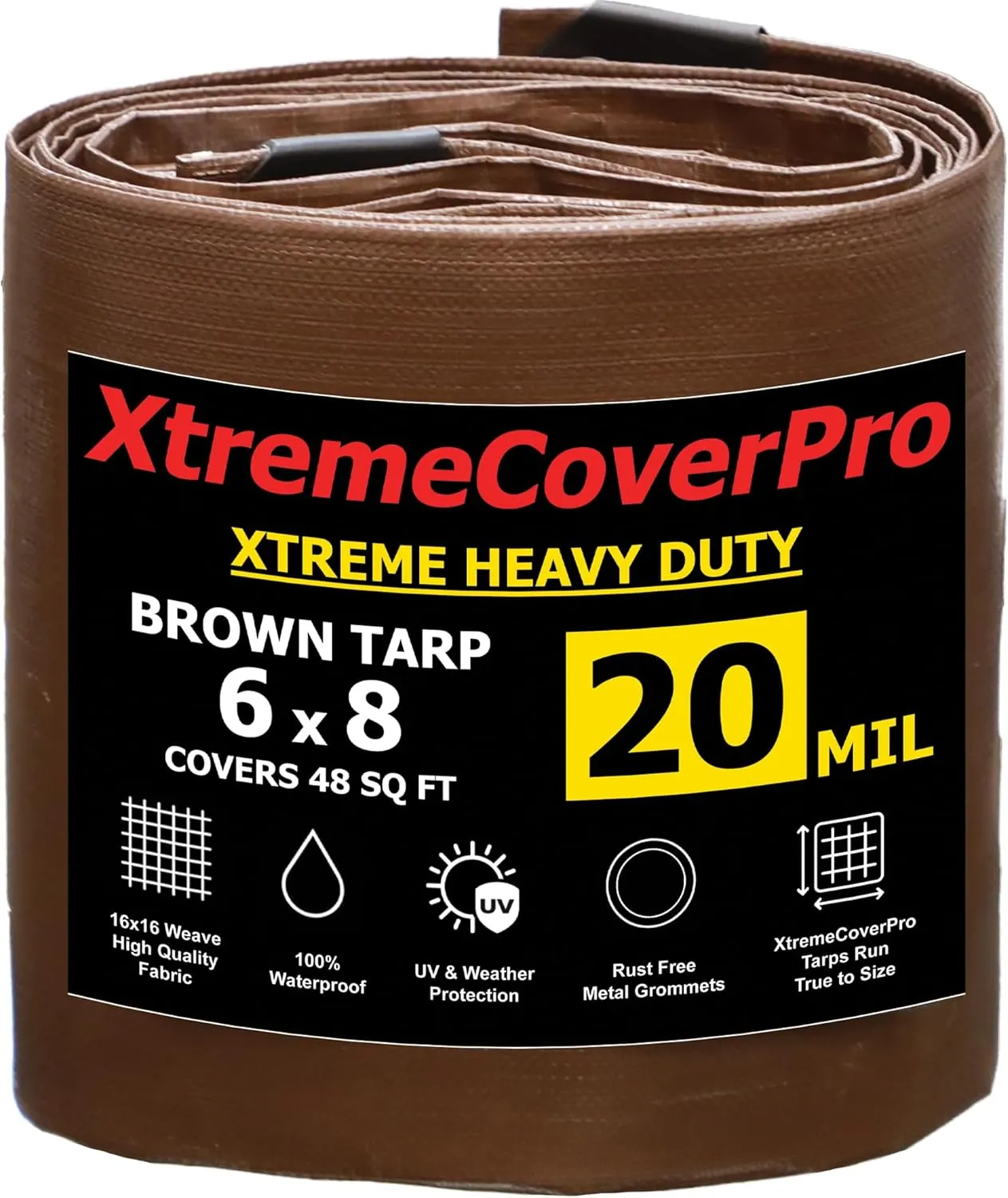 6' x 8' Brown Super Ultra Heavy-Duty Tarp – 20 Mil Waterproof & UV-Resistant 6x8 - Large Outdoor Tarp, Waterproof Cover for Rain Camping, Tent, UV Protection, Reinforced Corners